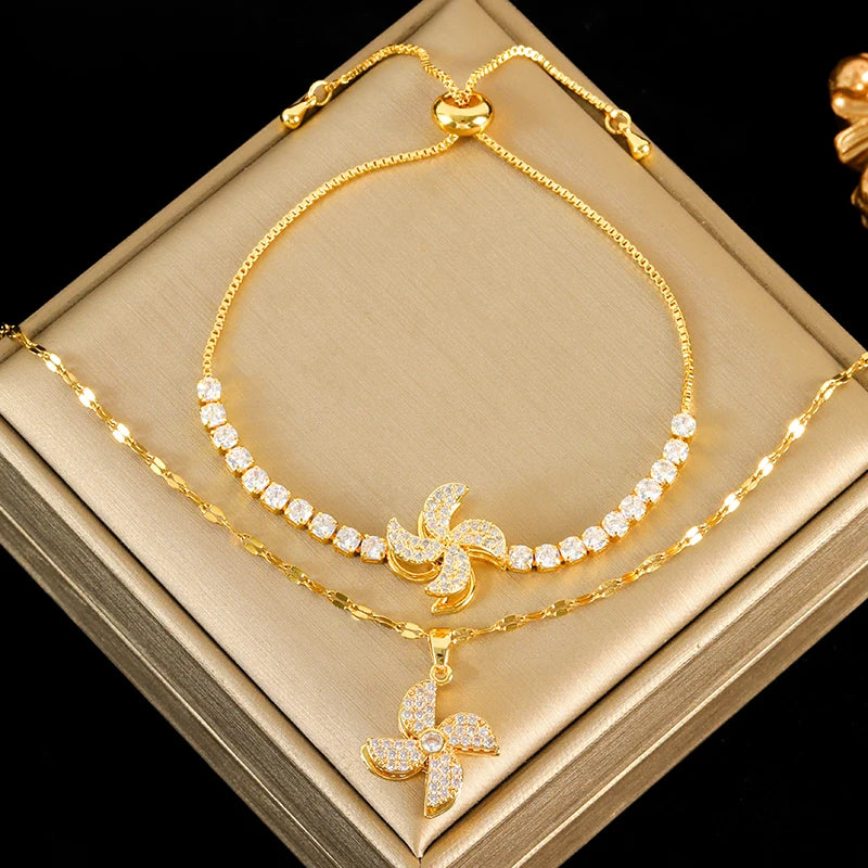 Conjunto Feminino de Colar e Pulseira – Design Geométrico, Banhado a Ouro , Aço Inoxidável 316L