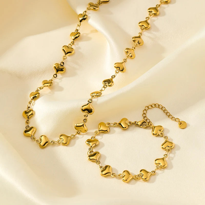 Conjunto Feminino de Colar e Pulseira – Design em Coração, Aço Inoxidável 316L, Estilo Trendy