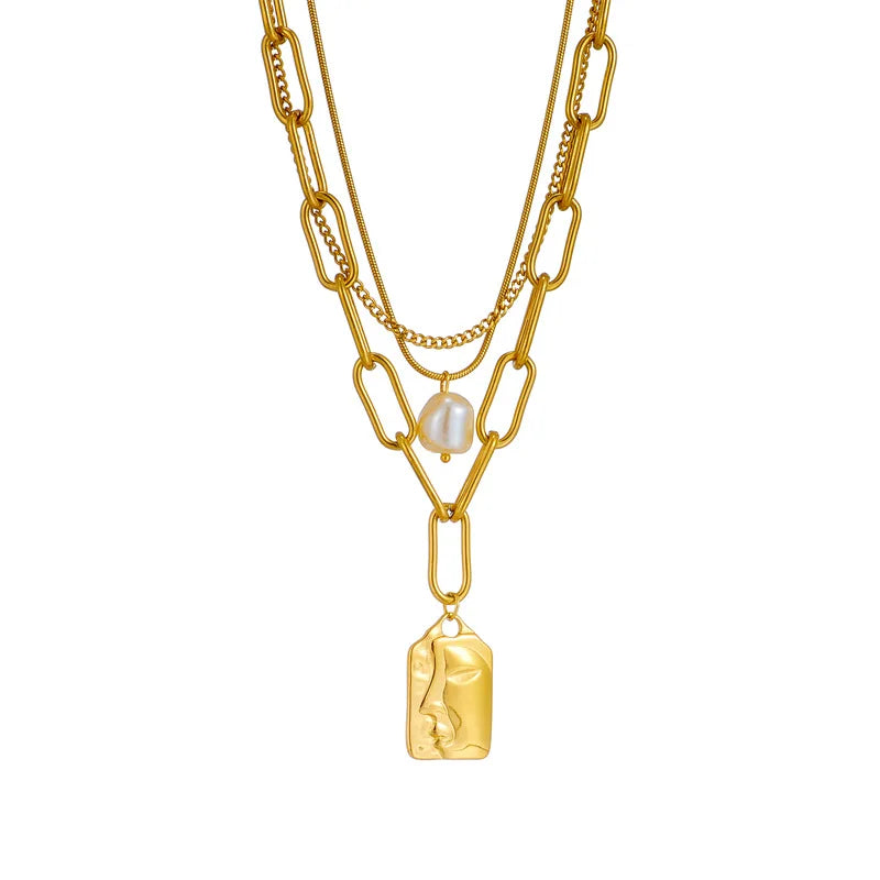 Colar Feminino em Aço Inoxidável – Pingente Quadrado com Pérola, Corrente Link, Estilo Trendy