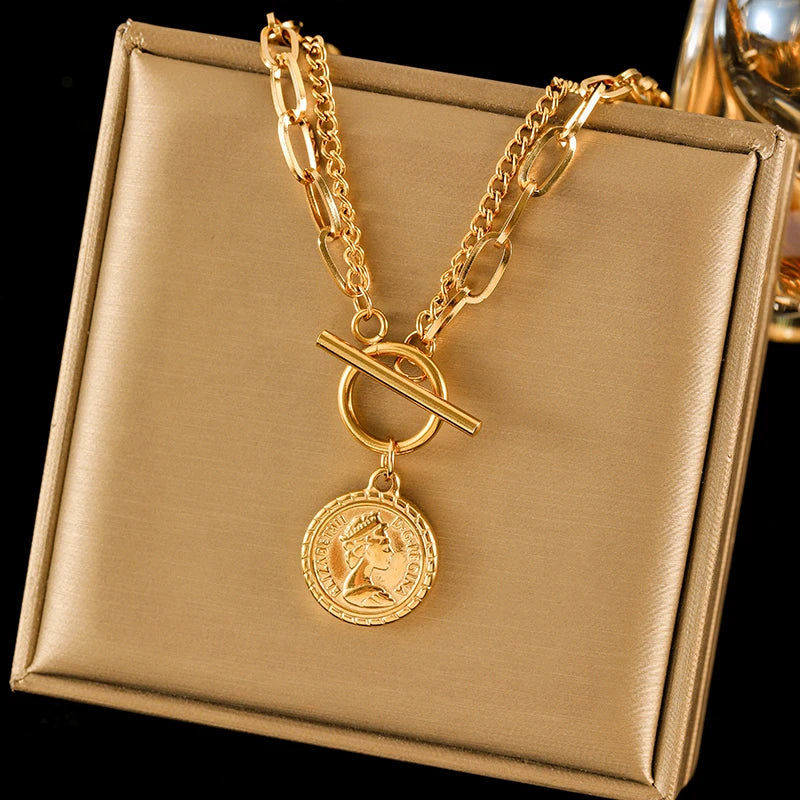 Colar Feminino em Aço Inoxidável 316L – Pingente Redondo 1,8 cm, Corrente Link, Estilo Trendy
