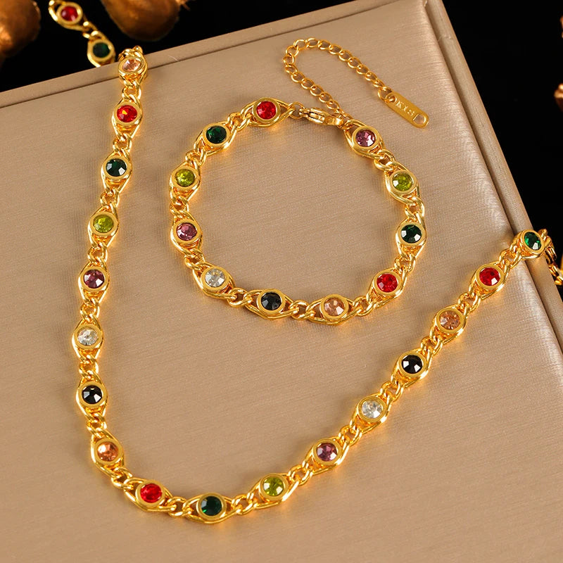 Conjunto Feminino de Colar e Pulseira – Todo em Zircônia, Aço Inoxidável 316L, Estilo Trendy