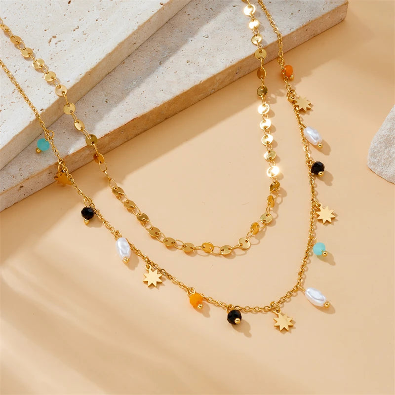 Colar Pingente Estrela em Aço Inoxidável com Pérola – Design Trendy