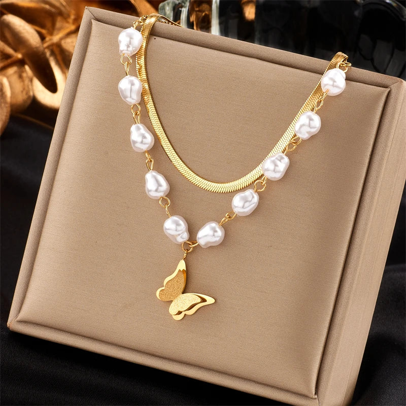 Choker Colar em Aço Inoxidável com Pingente Inseto e Pérola – Estilo Trendy