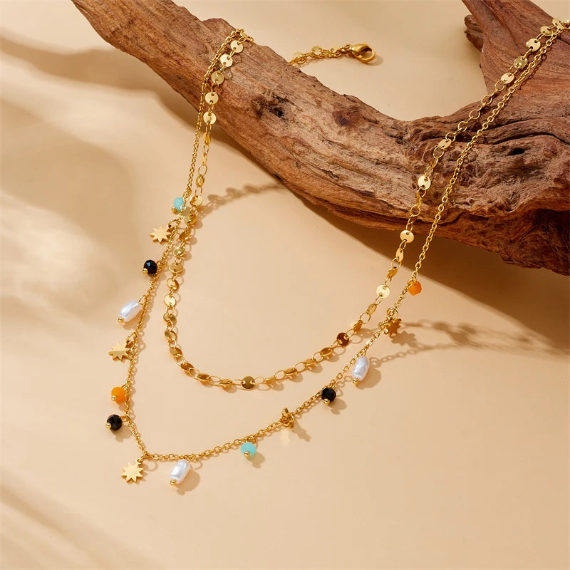 Colar Pingente Estrela em Aço Inoxidável com Pérola – Design Trendy