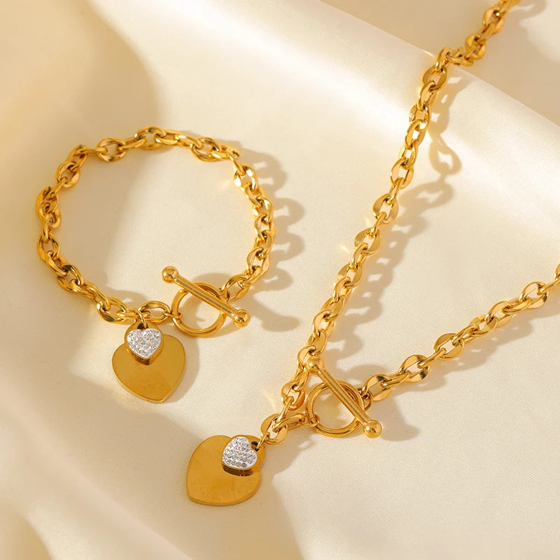Conjunto Feminino de Colar e Pulseira em Aço Inoxidável 316L – Design de Coração, Estilo Trendy