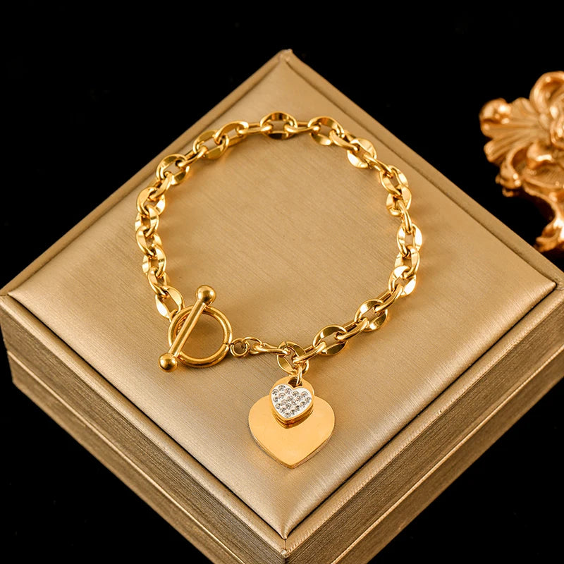 Conjunto Feminino de Colar e Pulseira em Aço Inoxidável 316L – Design de Coração, Estilo Trendy