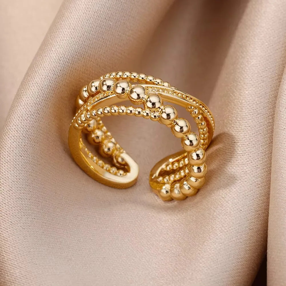 Anel Geométrico em Aço Inoxidável 18K Gold – Detalhe em Zircônia