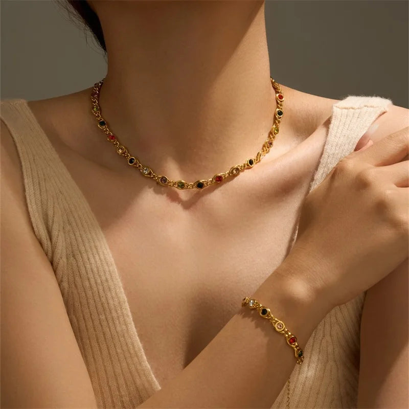Conjunto Feminino de Colar e Pulseira – Todo em Zircônia, Aço Inoxidável 316L, Estilo Trendy