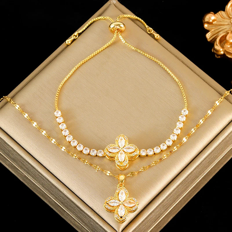 Conjunto Feminino de Colar e Pulseira – Design Geométrico, Banhado a Ouro , Aço Inoxidável 316L