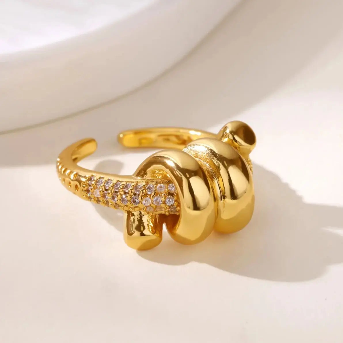 Anel Geométrico Ajustável em Aço Inoxidável 18K Gold – Zircônia Vintage