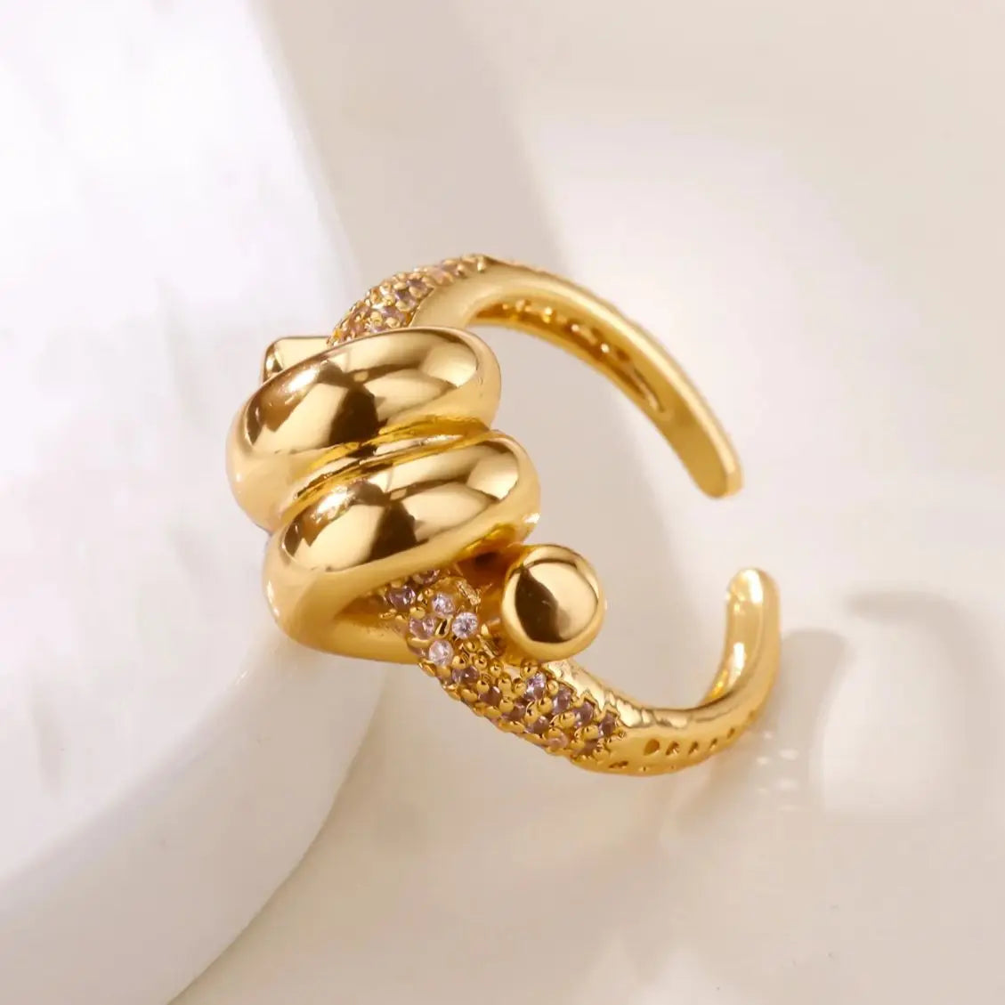 Anel Geométrico Ajustável em Aço Inoxidável 18K Gold – Zircônia Vintage