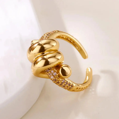 Anel Geométrico Ajustável em Aço Inoxidável 18K Gold – Zircônia Vintage