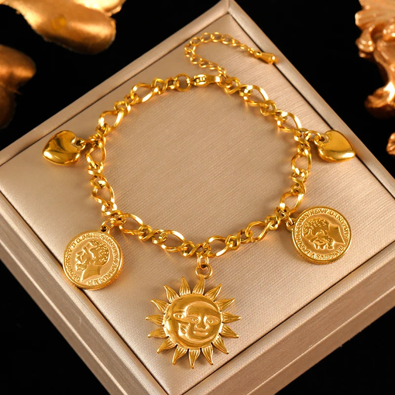 Conjunto de Colar e Pulseira Feminino em Aço Inoxidável 316L – Moeda do Sol e Coração, Banhado a Ouro