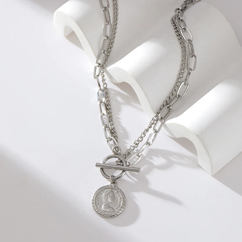 Colar Feminino em Aço Inoxidável 316L – Pingente Redondo 1,8 cm, Corrente Link, Estilo Trendy