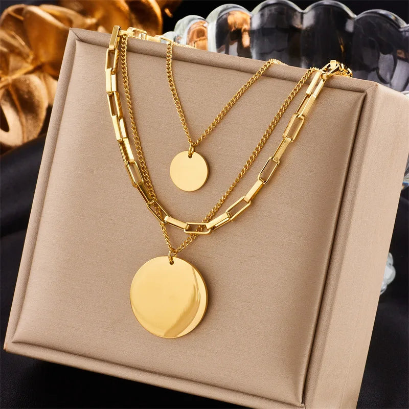 Colar Feminino em Aço Inoxidável – Pingente Quadrado com Pérola, Corrente Link, Estilo Trendy