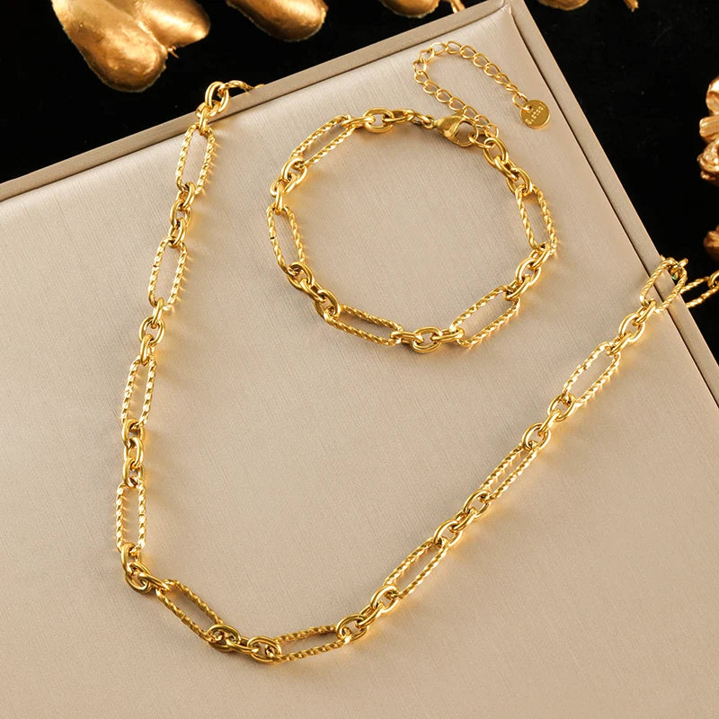 Conjunto Feminino de Colar e Pulseira – Design Geométrico, Aço Inoxidável 316L,