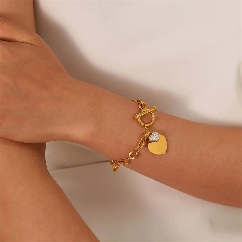 Conjunto Feminino de Colar e Pulseira em Aço Inoxidável 316L – Design de Coração, Estilo Trendy