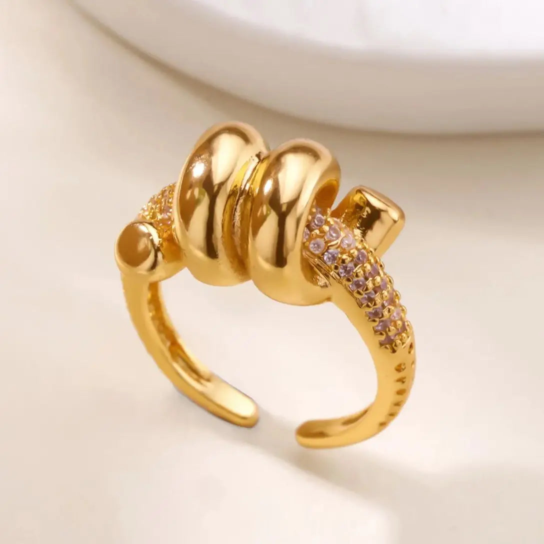 Anel Geométrico Ajustável em Aço Inoxidável 18K Gold – Zircônia Vintage
