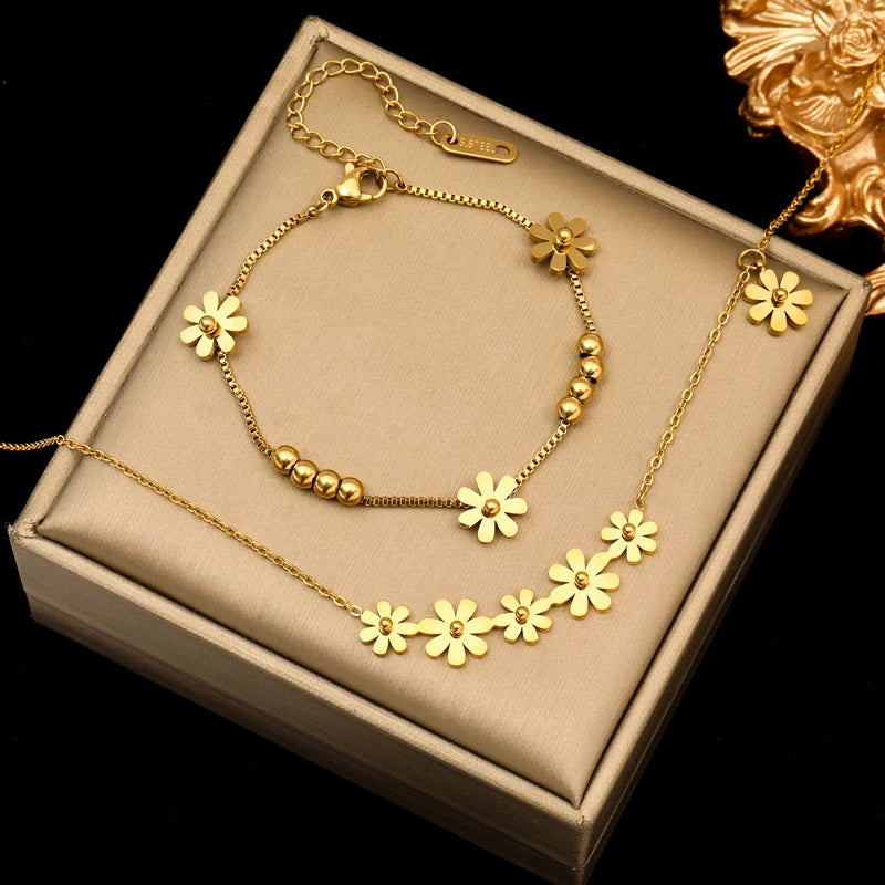 Conjunto Colar e Pulseira em Aço Inoxidável 316L – Design Floral Elegante
