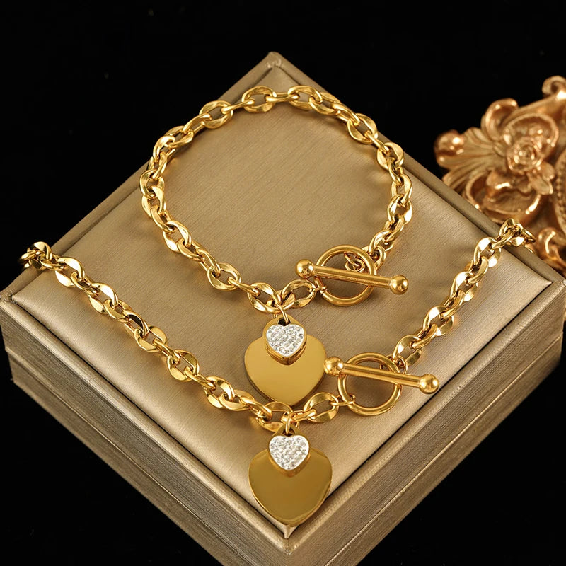 Conjunto Feminino de Colar e Pulseira em Aço Inoxidável 316L – Design de Coração, Estilo Trendy