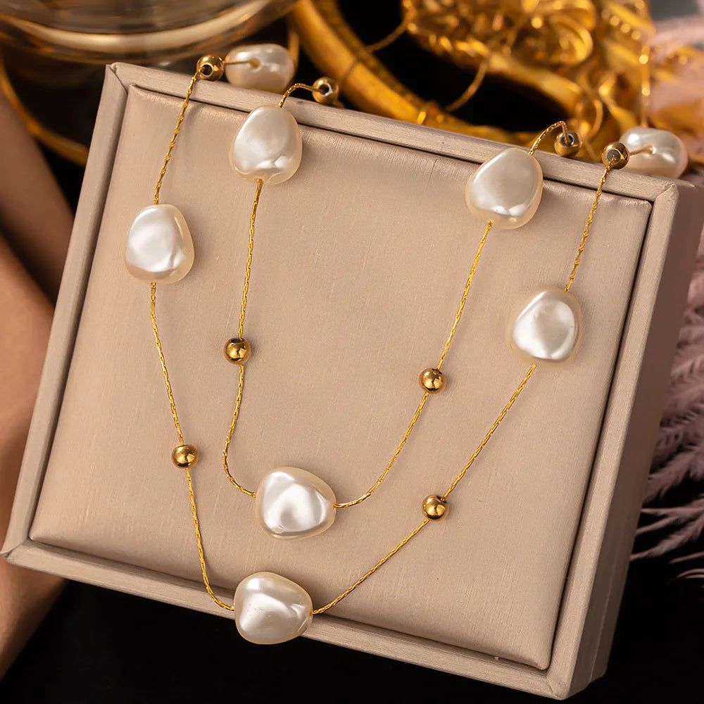 Colar Feminino em Aço Inoxidável – Pingente Quadrado com Pérola, Corrente Link, Estilo Trendy