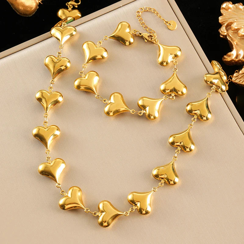Conjunto Feminino de Colar e Pulseira – Design em Coração, Aço Inoxidável 316L, Estilo Trendy