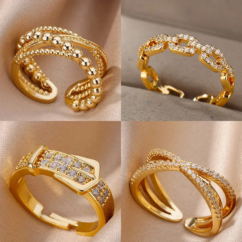 Anel Geométrico em Aço Inoxidável 18K Gold – Detalhe em Zircônia