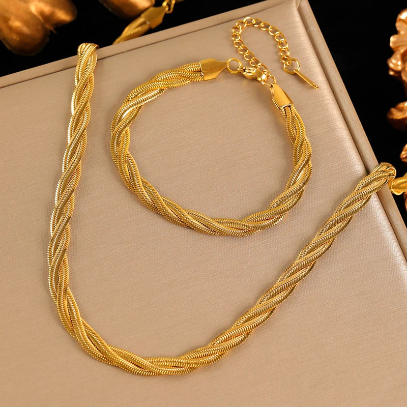 Conjunto Feminino de Colar e Pulseira – Design Geométrico, Banhado a Ouro ou Prata, Aço Inoxidável 316L