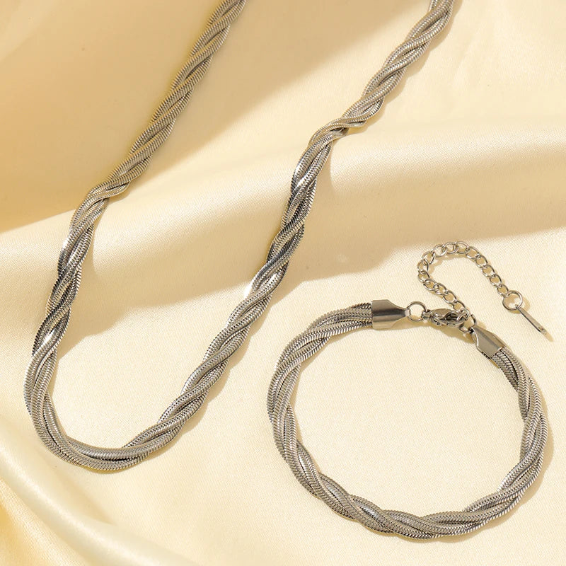 Conjunto Feminino de Colar e Pulseira – Design Geométrico, Banhado a Ouro ou Prata, Aço Inoxidável 316L