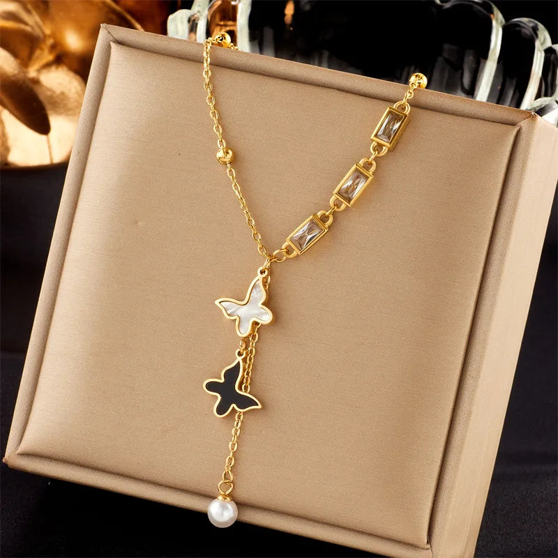 Colar Feminino em Aço Inoxidável – Pingente Quadrado com Pérola, Corrente Link, Estilo Trendy