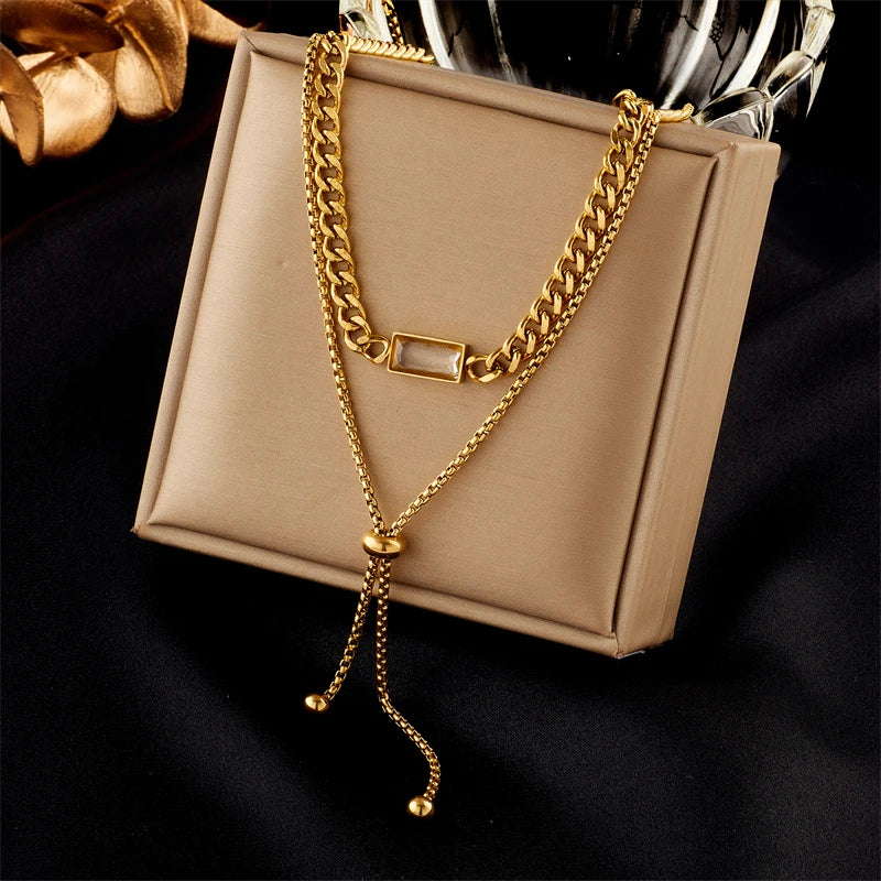 Colar Feminino em Aço Inoxidável – Pingente Geométrico 2cm, Corrente Link, Estilo Trendy
