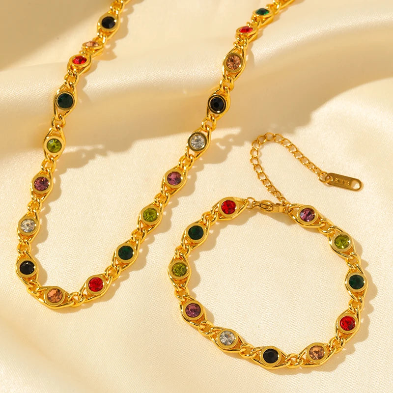 Conjunto Feminino de Colar e Pulseira – Todo em Zircônia, Aço Inoxidável 316L, Estilo Trendy