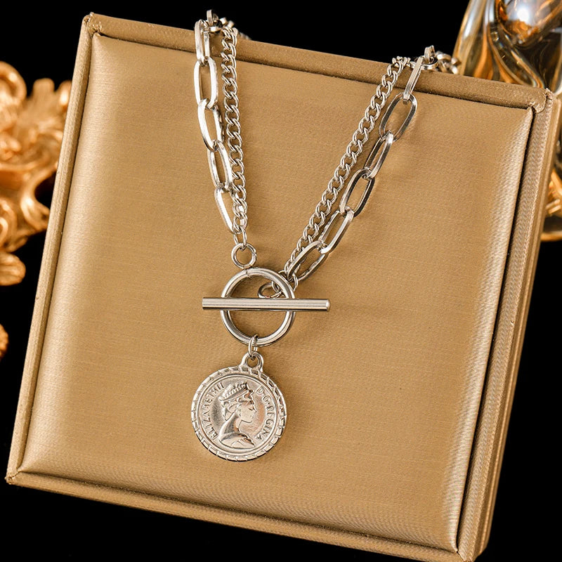 Colar Feminino em Aço Inoxidável 316L – Pingente Redondo 1,8 cm, Corrente Link, Estilo Trendy