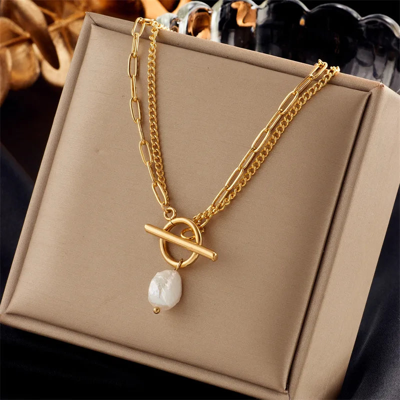 Colar Feminino em Aço Inoxidável – Pingente Quadrado com Pérola, Corrente Link, Estilo Trendy