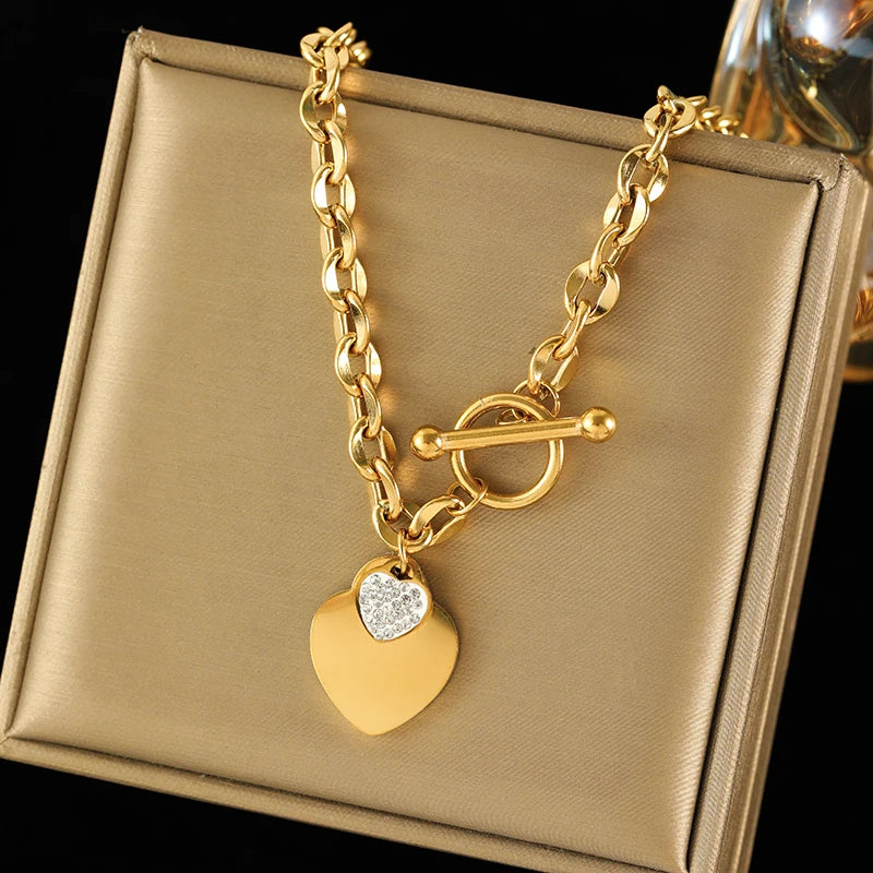 Conjunto Feminino de Colar e Pulseira em Aço Inoxidável 316L – Design de Coração, Estilo Trendy