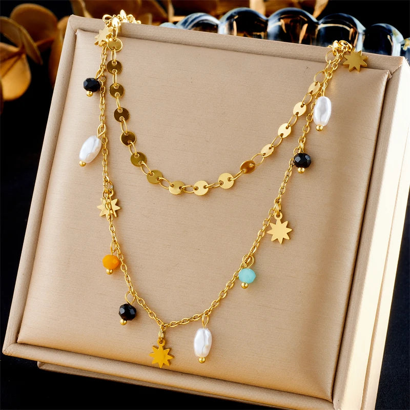 Colar Pingente Estrela em Aço Inoxidável com Pérola – Design Trendy