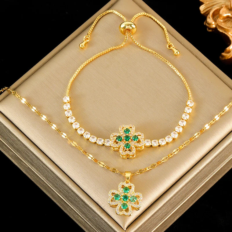 Conjunto Feminino de Colar e Pulseira – Design Geométrico, Banhado a Ouro , Aço Inoxidável 316L