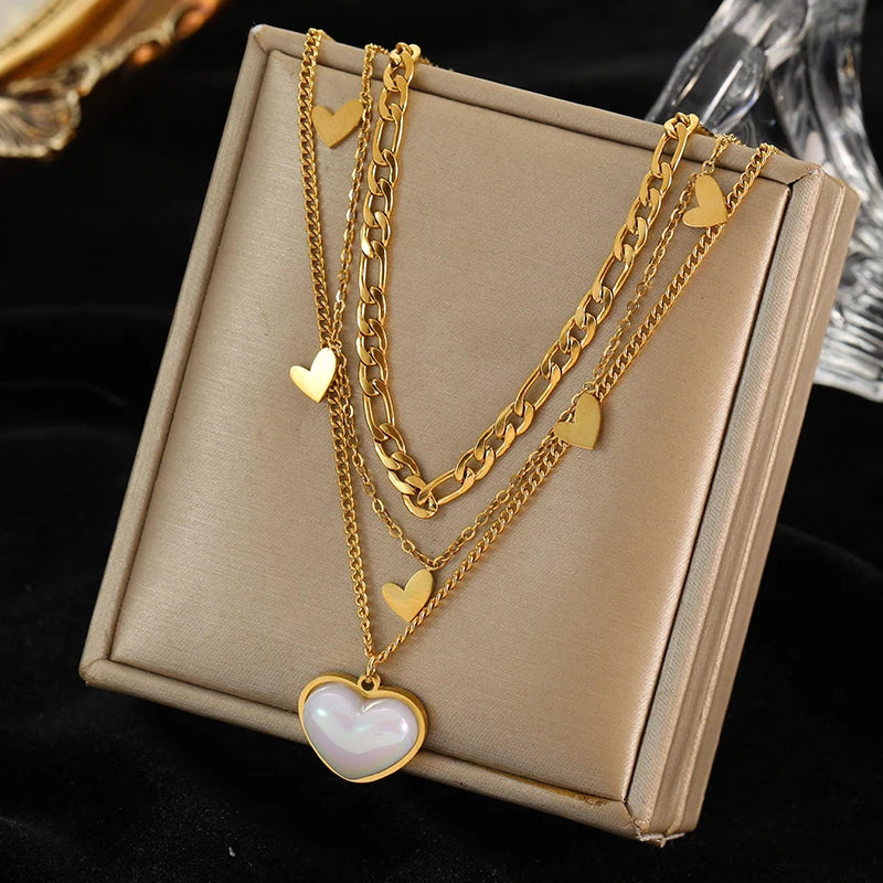 Colar Pingente Coração em Aço Inoxidável com Pérola – Estilo Trendy