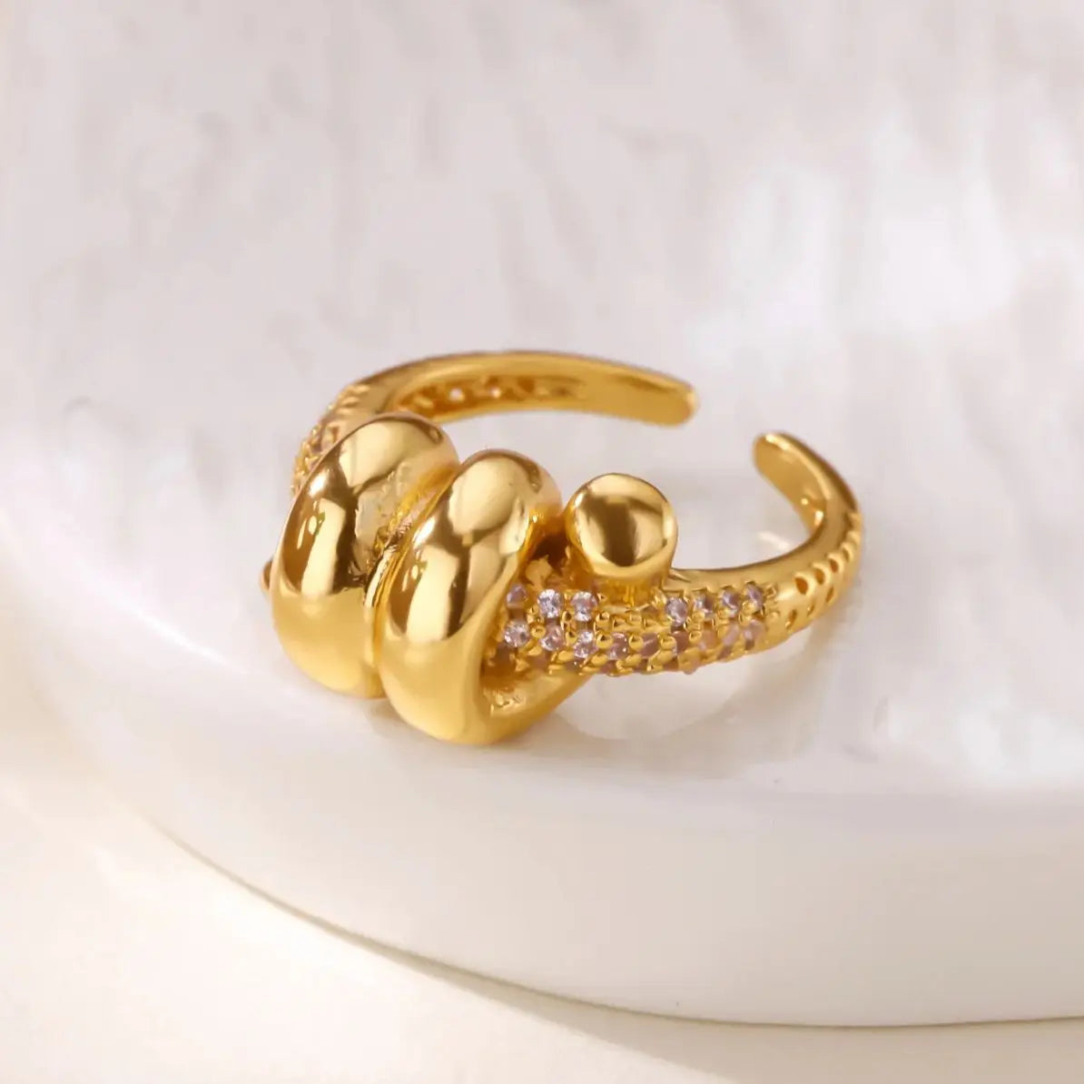Anel Geométrico Ajustável em Aço Inoxidável 18K Gold – Zircônia Vintage