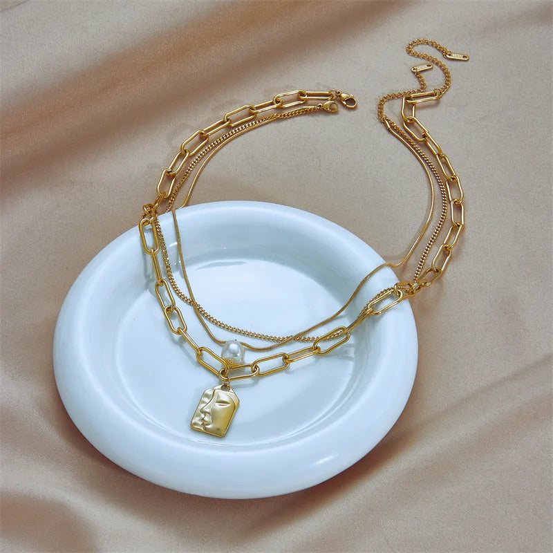 Colar Feminino em Aço Inoxidável – Pingente Quadrado com Pérola, Corrente Link, Estilo Trendy