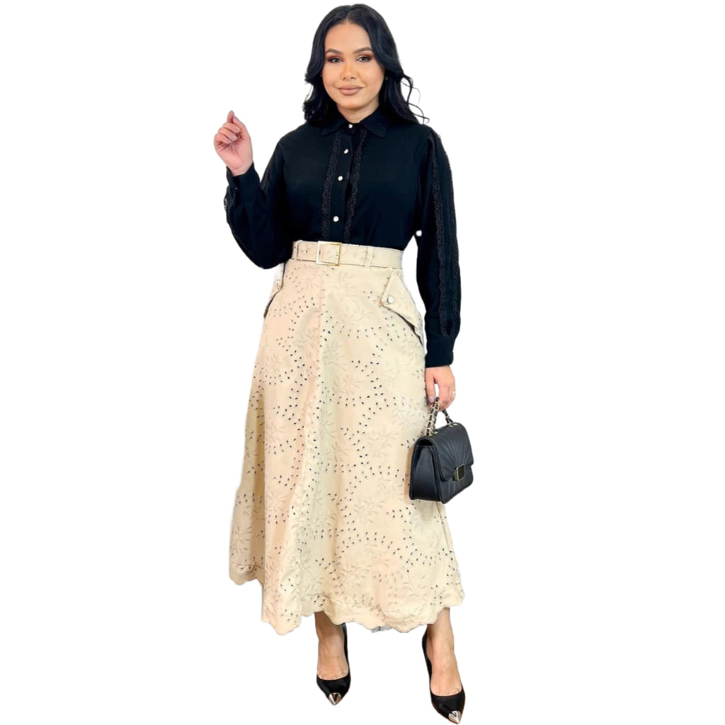 Saias Moda Evangélica Evasê Com Bolso Cinto Couro Bordado