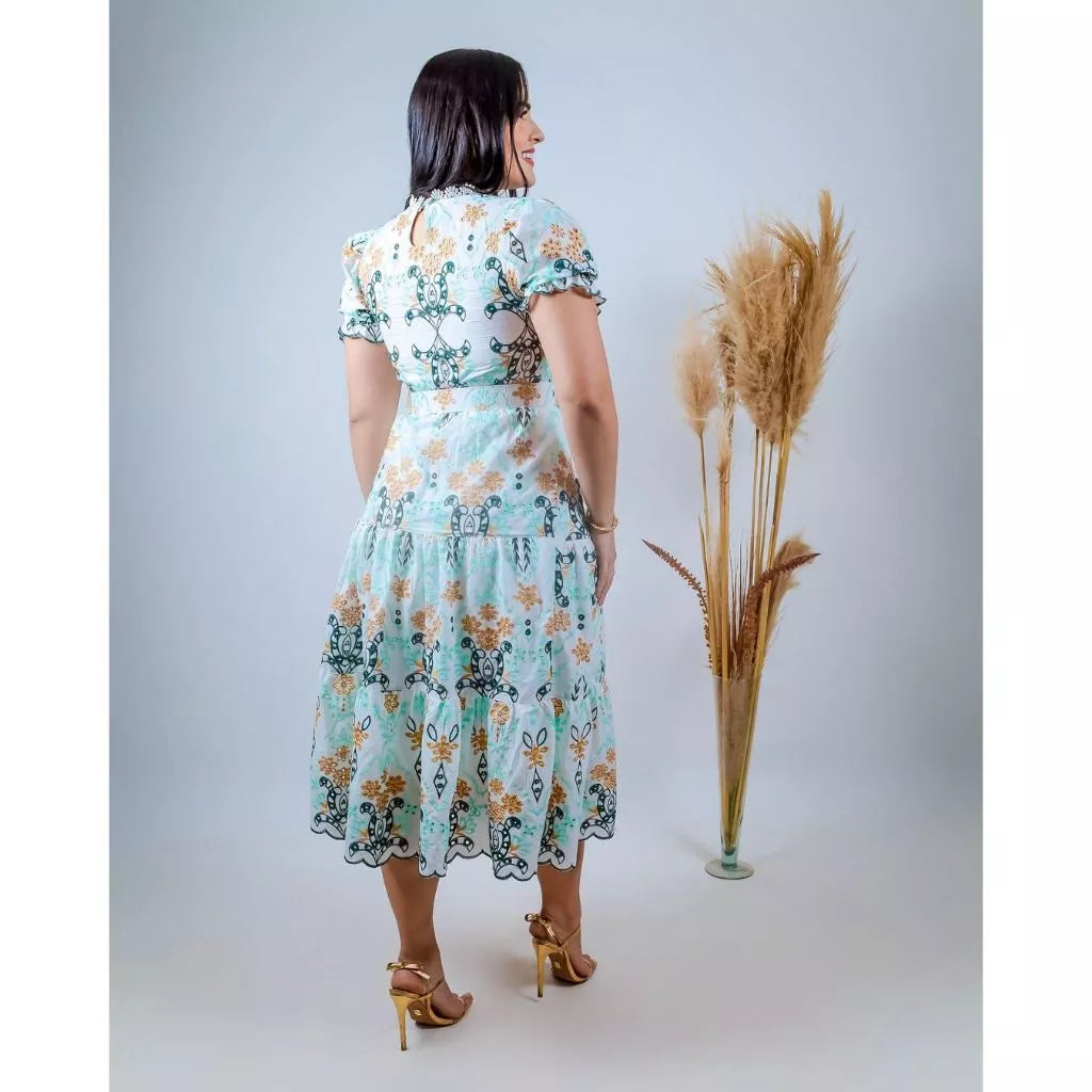 Vestido Midi Maira Botões e Cinto e Renda Manga Curta Princesa Laise