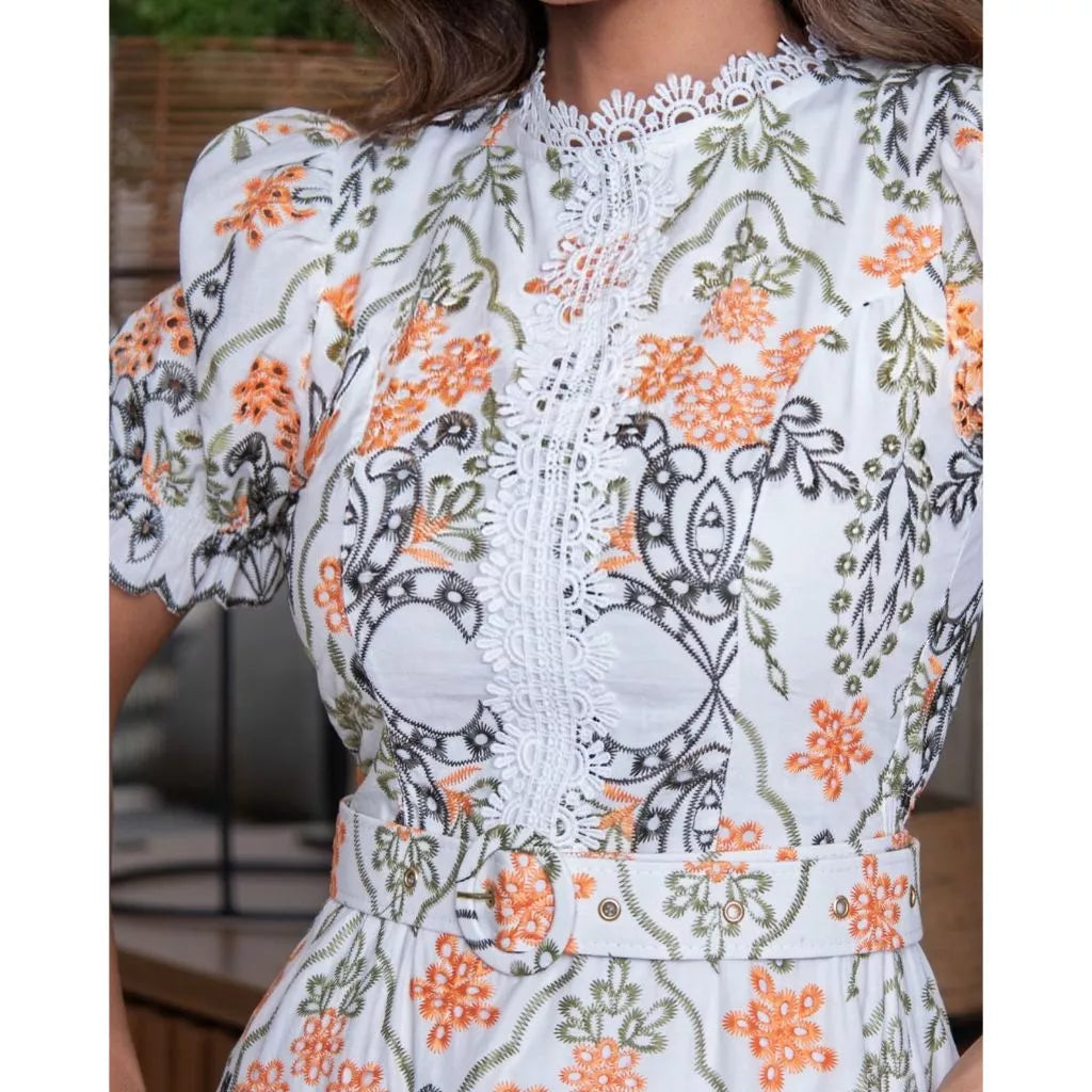Vestido Midi Maira Botões e Cinto e Renda Manga Curta Princesa Laise
