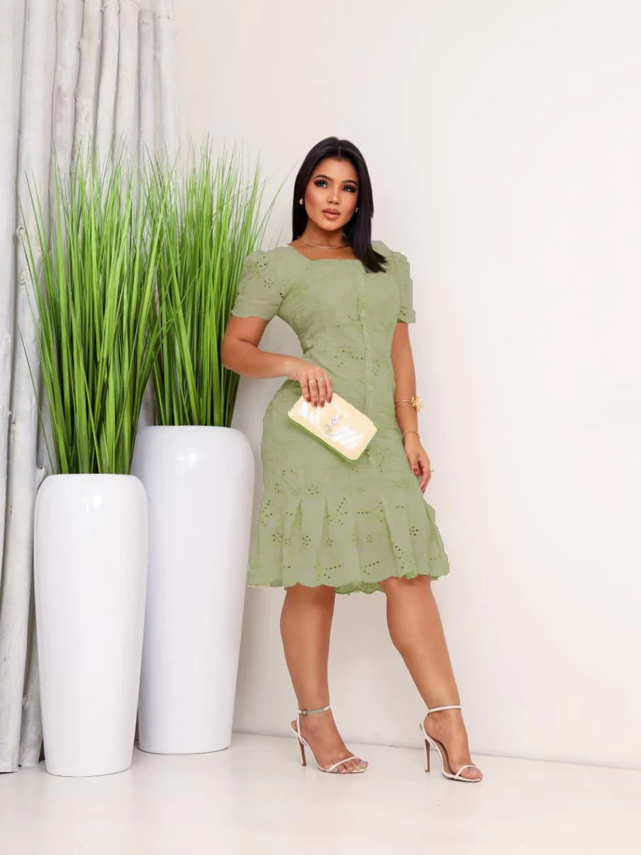 VESTIDO TUBINHO LAISE DE ALGODAO COM BABADO MANGA CURTA, FORRADO