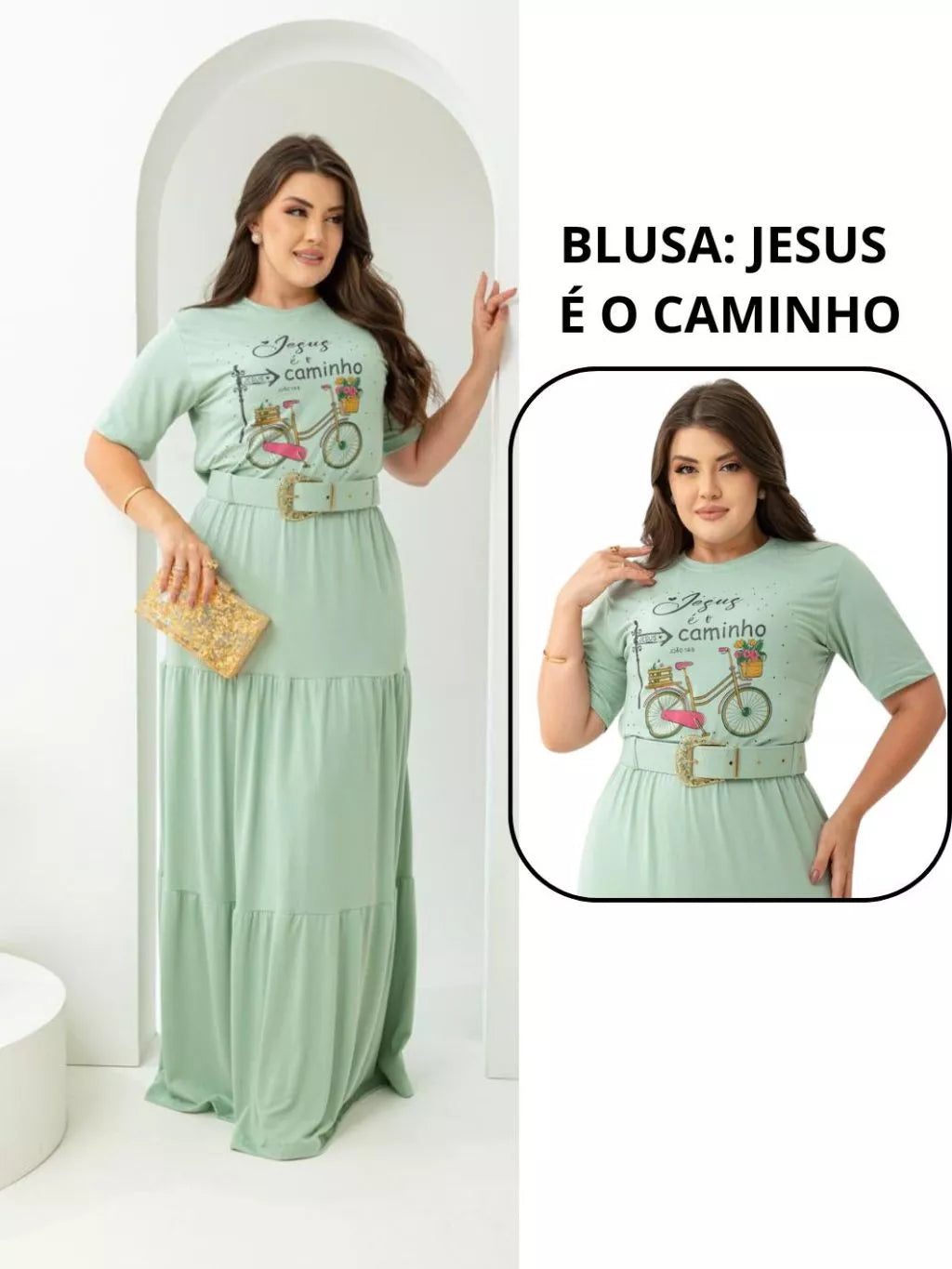 Conjunto Social Saia Longa Com Blusa E Cinto Plus Size Casual Manga Curta Moda Evangelica Congresso