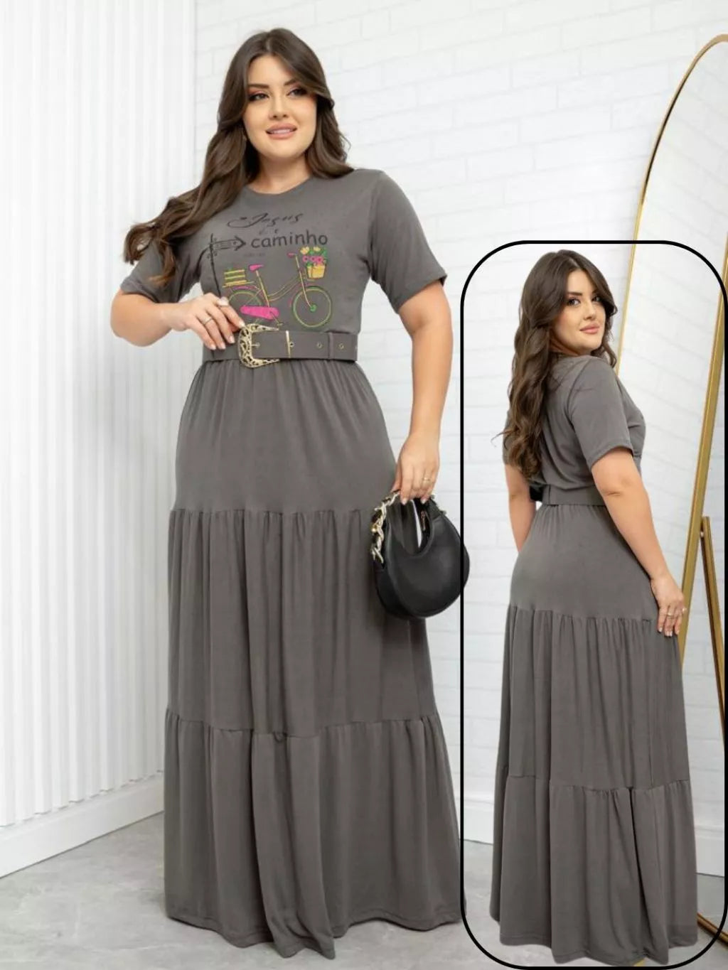 Conjunto Social Saia Longa Com Blusa E Cinto Plus Size Casual Manga Curta Moda Evangelica Congresso
