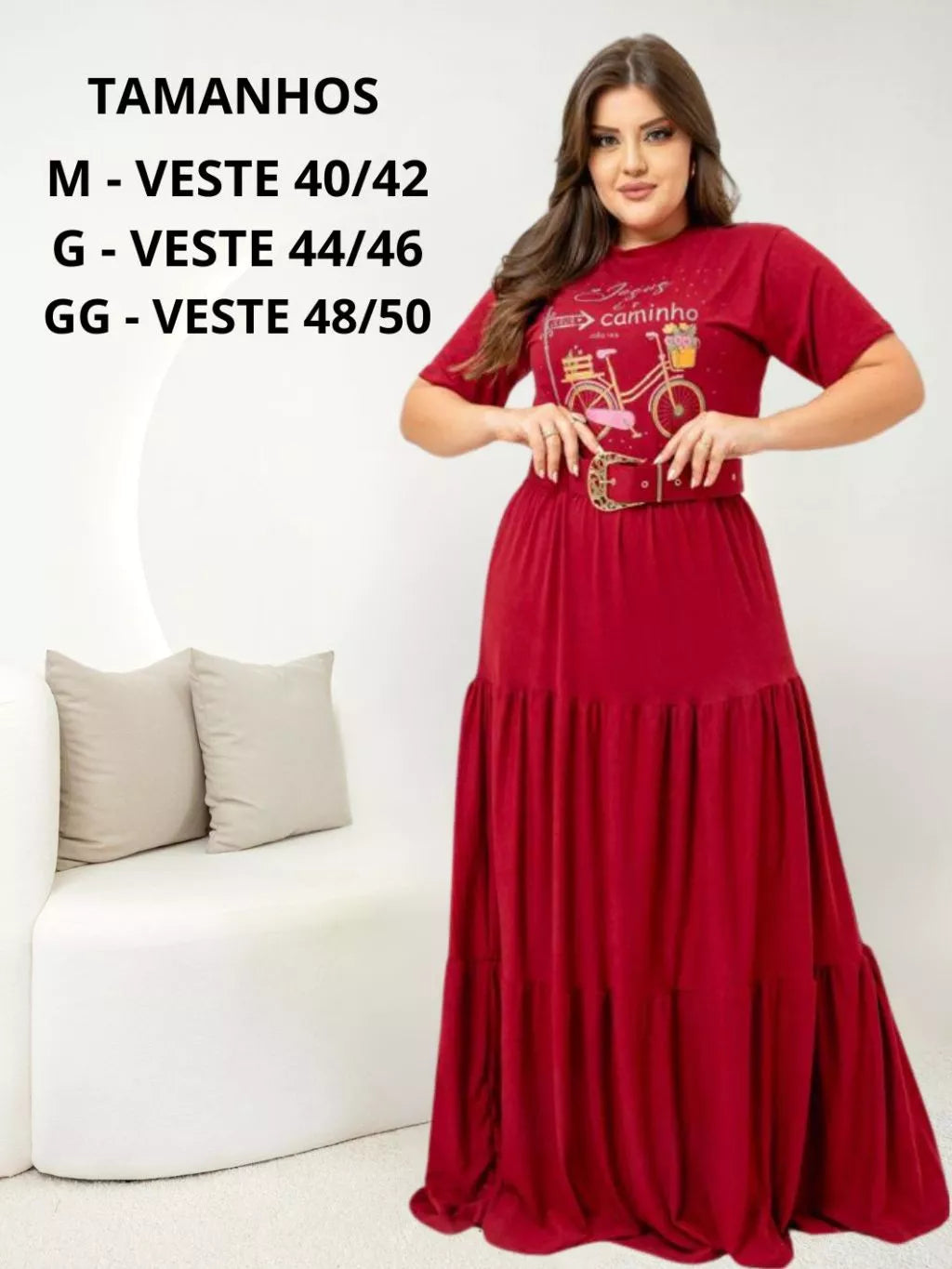 Conjunto Social Saia Longa Com Blusa E Cinto Plus Size Casual Manga Curta Moda Evangelica Congresso