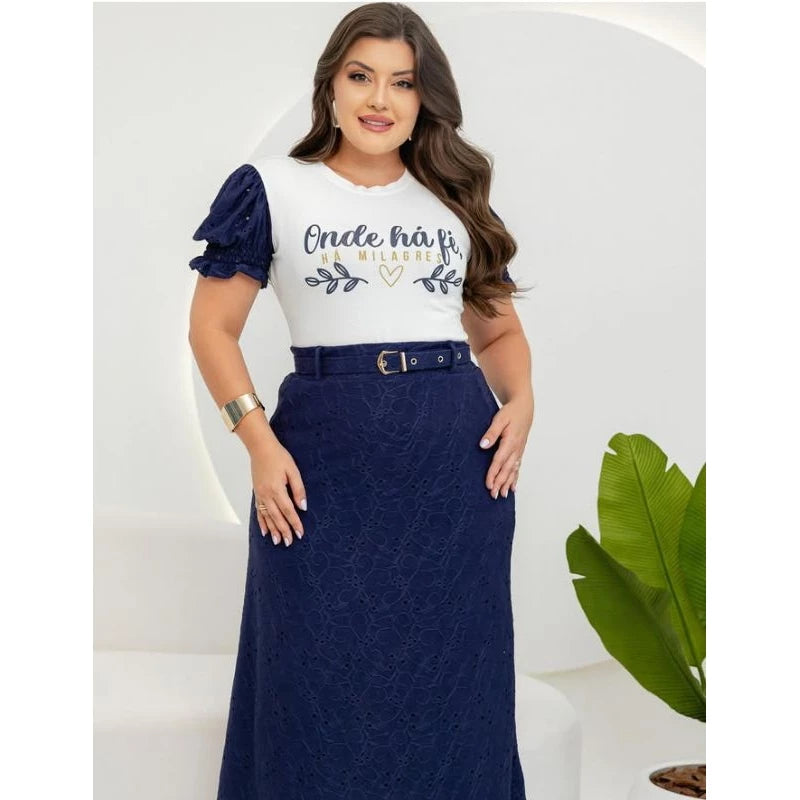 conjunto feminino evangélico saia de lese forrada e blusa com estampa mensagem bíblica