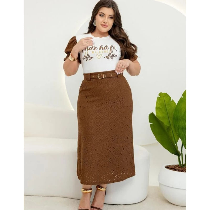 conjunto feminino evangélico saia de lese forrada e blusa com estampa mensagem bíblica