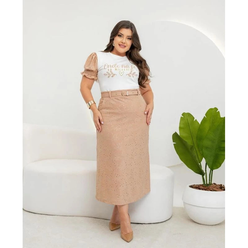 conjunto feminino evangélico saia de lese forrada e blusa com estampa mensagem bíblica